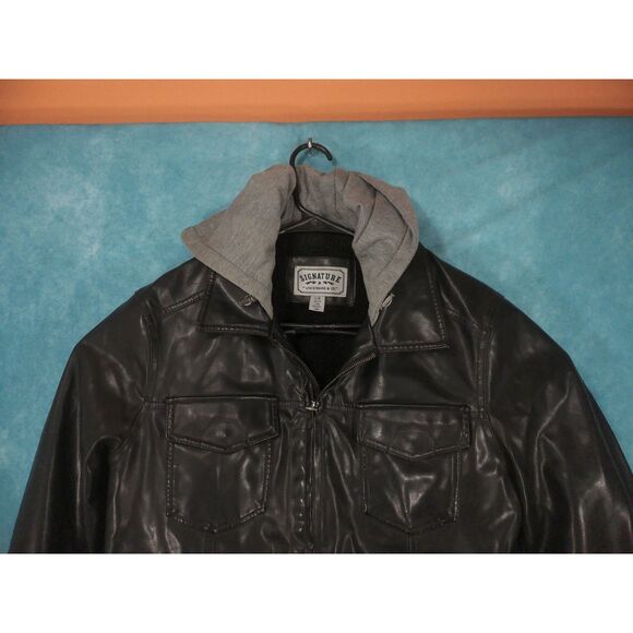 Signature Levi Strauss Faux Leather Heavy Hoodie Jacket, Sherpa Lined, Size L - Picture 3 of 9